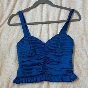 Blue Ruched Crop Top with Ruffle Hem - Women
